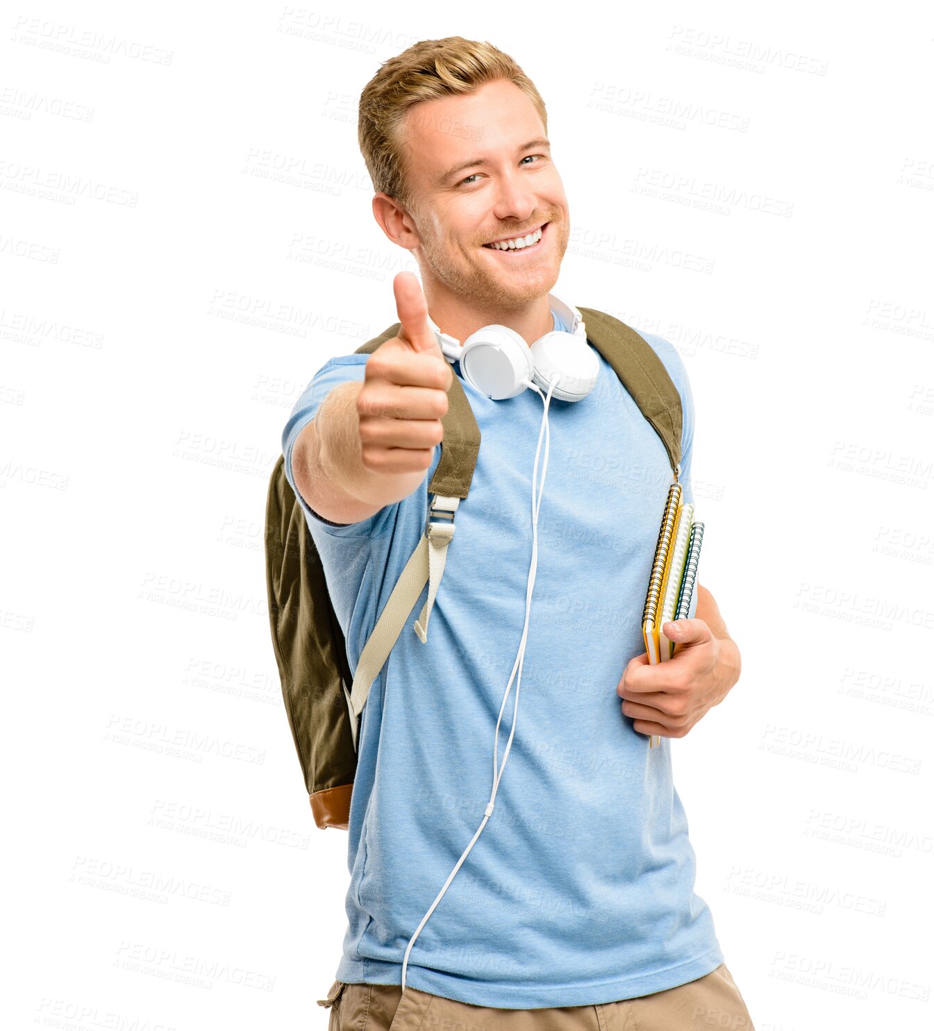 Buy stock photo Happy man, student and portrait smile with thumbs up for success isolated on a transparent PNG background. Male person smiling with backpack and thumb emoji, yes sign or like for higher education