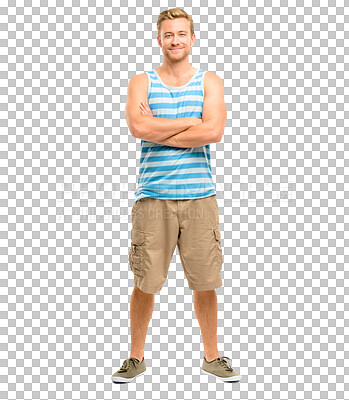 Buy stock photo Man with arms crossed, smile and summer fashion in full body portrait isolated on png transparent background. Young person, cool with male model and casual style, confidence and happy with positivity
