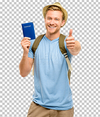 Buy stock photo Happy man, portrait and passport with thumbs up for success or travel isolated on a transparent PNG background. Excited male person with ID document, thumb emoji or yes sign for traveling opportunity