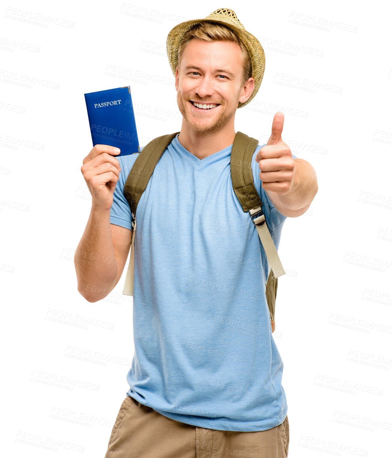 Buy stock photo Happy man, portrait and passport with thumbs up for success or travel isolated on a transparent PNG background. Excited male person with ID document, thumb emoji or yes sign for traveling opportunity