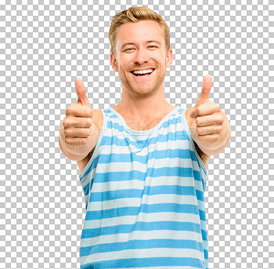 Buy stock photo Thumbs up, emoji and portrait of a man with achievement, like or satisfaction hand gesture. Happy, smile and excited male model with an approval or yes sign isolated by a transparent png background.