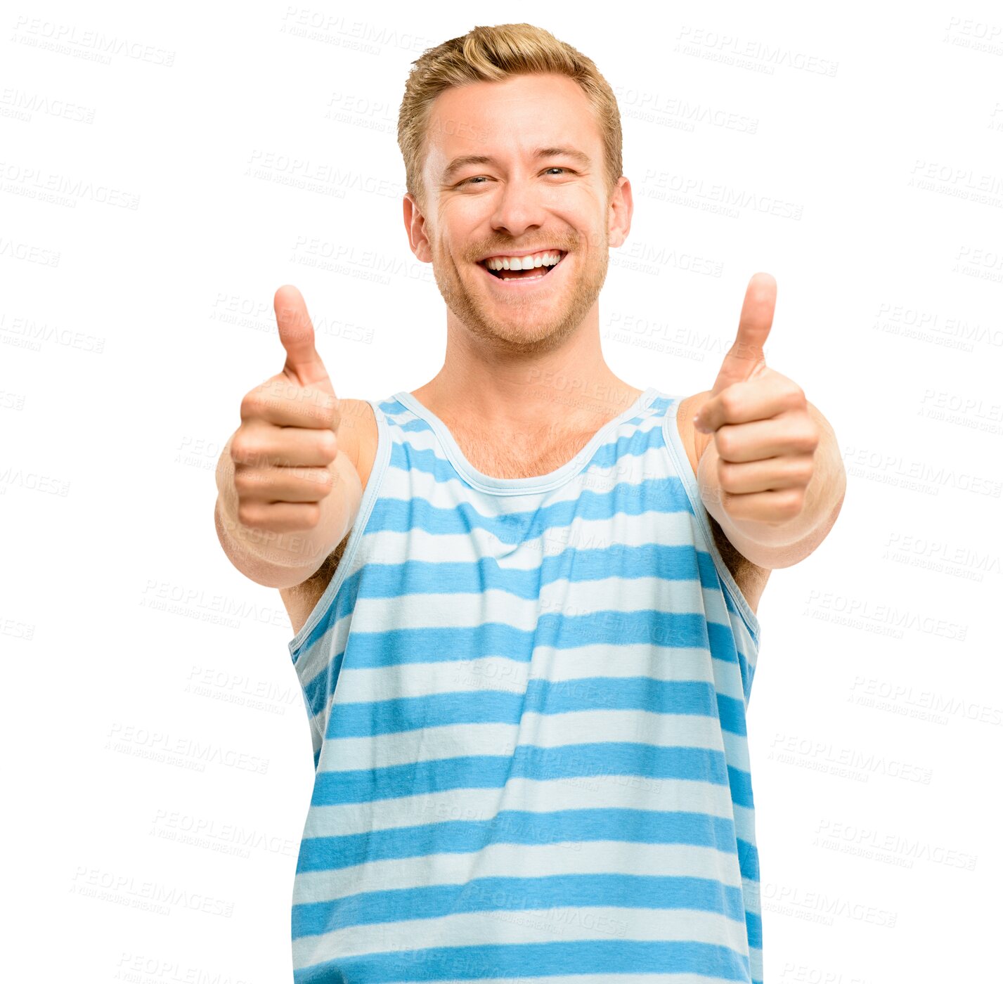 Buy stock photo Thumbs up, emoji and portrait of a man with achievement, like or satisfaction hand gesture. Happy, smile and excited male model with an approval or yes sign isolated by a transparent png background.