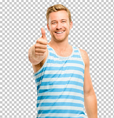 Buy stock photo Happy, smile and portrait of a man with a thumbs up for agreement, like or satisfaction gesture. Happiness, excited and male model with an approval hand sign isolated by a transparent png background.