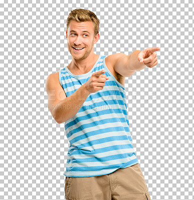 Buy stock photo Young man, pointing with choice or decision, show and accountability isolated on transparent png background. Male person smile, choosing direction and selection of advertising with hand gesture