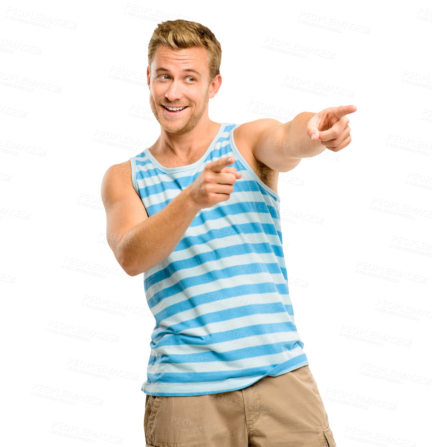 Buy stock photo Young man, pointing with choice or decision, show and accountability isolated on transparent png background. Male person smile, choosing direction and selection of advertising with hand gesture
