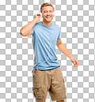 PNG of a handsome young man standing alone in the studio and listening to music through headphones