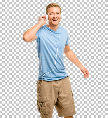 Buy stock photo Music, headphones and man listening to audio, podcast or radio isolated in a transparent or png background. Happy, sound and portrait of a young person singing or streaming song excited and happiness