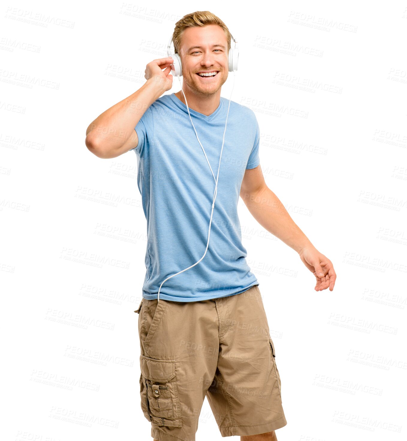 Buy stock photo Music, headphones and man listening to audio, podcast or radio isolated in a transparent or png background. Happy, sound and portrait of a young person singing or streaming song excited and happiness