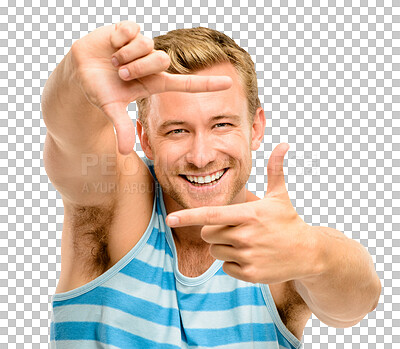 Buy stock photo Happy man, portrait and hands in frame for photo isolated on a transparent PNG background. Male person, photographer and smile for hand framing face, perfect picture and capture memory in photography