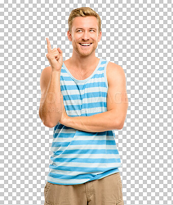 Buy stock photo Happy man, thinking and idea for solution or problem solving isolated on a transparent PNG background. Male person, guy or model posing with question, ideas or decision standing with casual clothing
