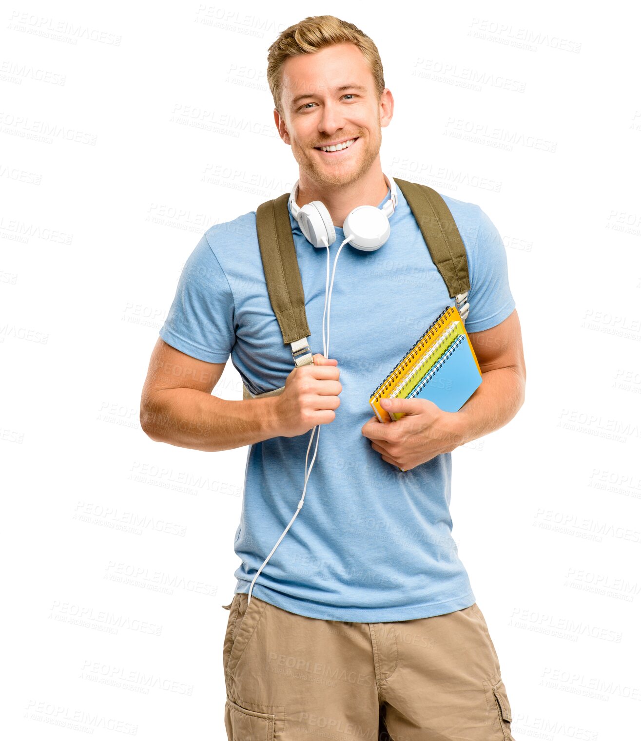 Buy stock photo Student, young and portrait of man in university or college book isolated in a transparent or png background. Education, smile and male person with knowledge and ready for learning or studying