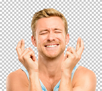 Buy stock photo Happy man, face and fingers crossed for luck or hope isolated on a transparent PNG background. Excited male person or model with smile and finger cross waiting for lucky draw, prize or competition