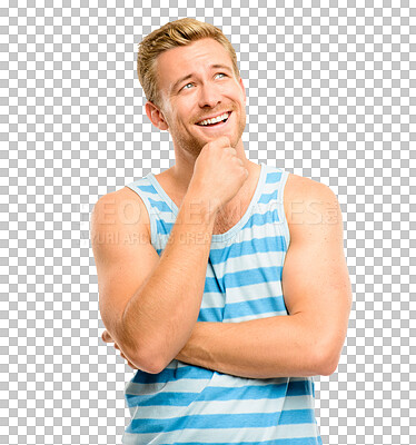 Buy stock photo Happy man, thinking face and smile in idea isolated on a transparent PNG background. Male person, guy or young model standing in thought, memory or remember ideas for decision with casual clothing