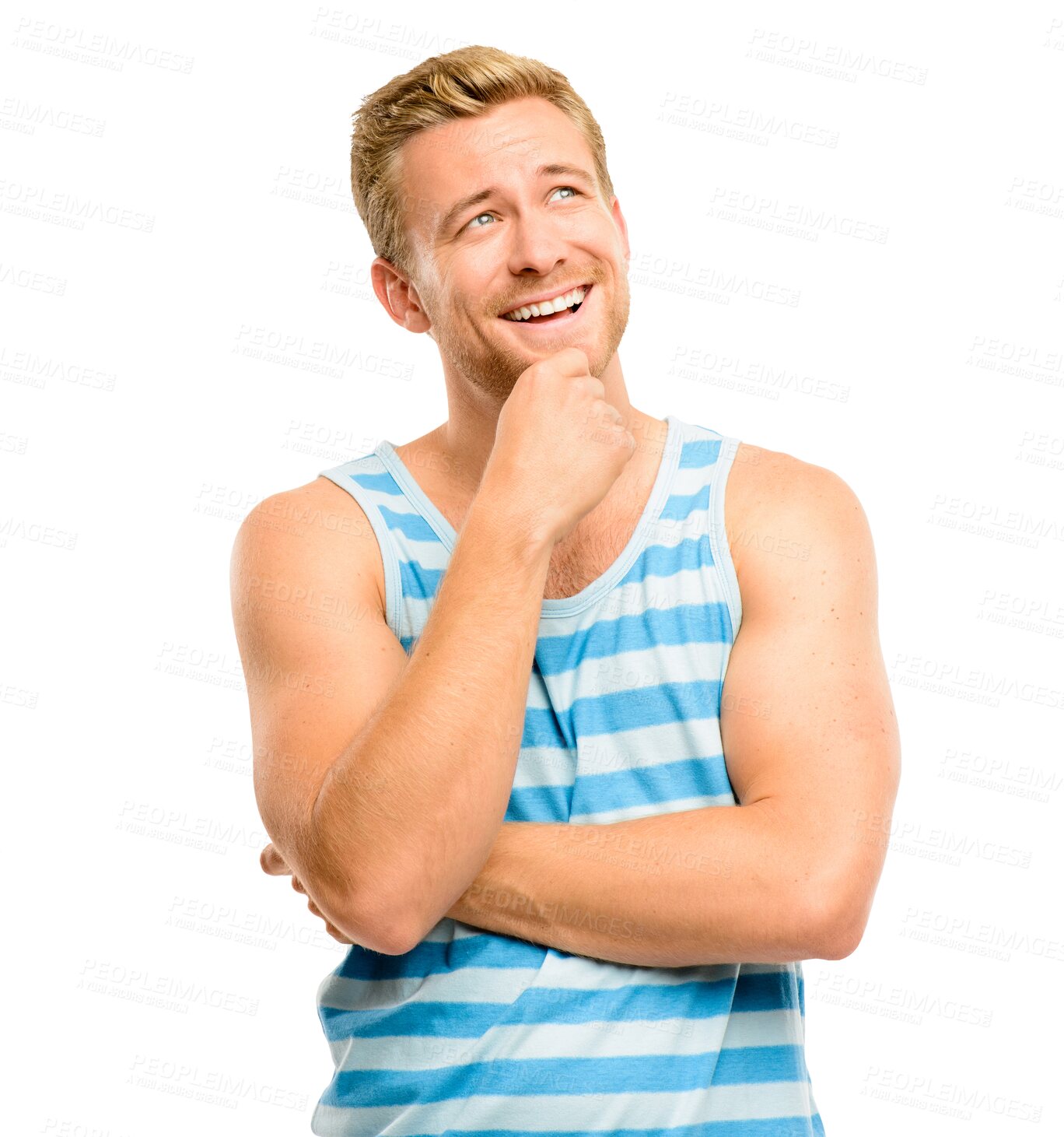 Buy stock photo Happy man, thinking face and smile in idea isolated on a transparent PNG background. Male person, guy or young model standing in thought, memory or remember ideas for decision with casual clothing
