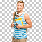 PNG Shot of a handsome young student standing alone in the studio and carrying his textbooks