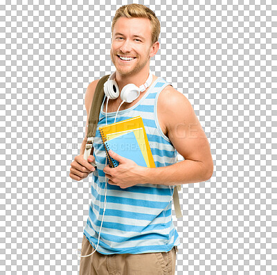 Buy stock photo Student, education and portrait of man in university or college book isolated in a transparent or png background. Young, smile and male person with knowledge and ready for learning or studying