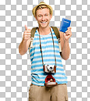 PNG Shot of a young tourist standing in the studio and showing a thumbs up while holding his passport