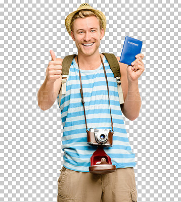 Buy stock photo Happy man, portrait and passport with thumbs up for success isolated on a transparent PNG background. Male person smiling with thumb emoji, yes sign or like for travel identification or sightseeing