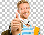PNG Shot of a handsome young student standing alone in the studio and carrying his textbooks while showing a thumbs up