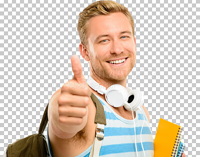 Buy stock photo Happy man, student and portrait smile with thumbs up for success isolated on a transparent PNG background. Face of male person smiling with thumb emoji, yes sign or like in college education approval