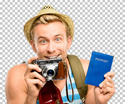 Buy stock photo Man in portrait, passport and camera, travel and tourism with excited person isolated on transparent png background. Young male tourist, happy about vacation with summer adventure and photography
