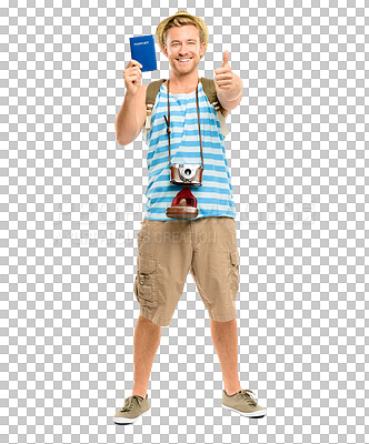 Buy stock photo Happy man, portrait and passport with thumbs up standing isolated on a transparent PNG background. Male person smiling with thumb emoji, yes sign or like for travel identification or sightseeing trip