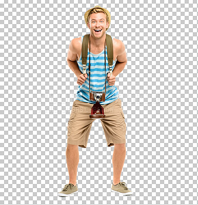 Buy stock photo Happy man, portrait smile and backpack for travel standing isolated on a transparent PNG background. Excited male person, guy or young traveler smiling for traveling, vacation or sightseeing journey