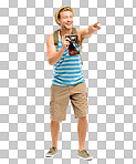 PNG Full length shot of a handsome young tourist standing alone in the studio and pointing before taking a photograph