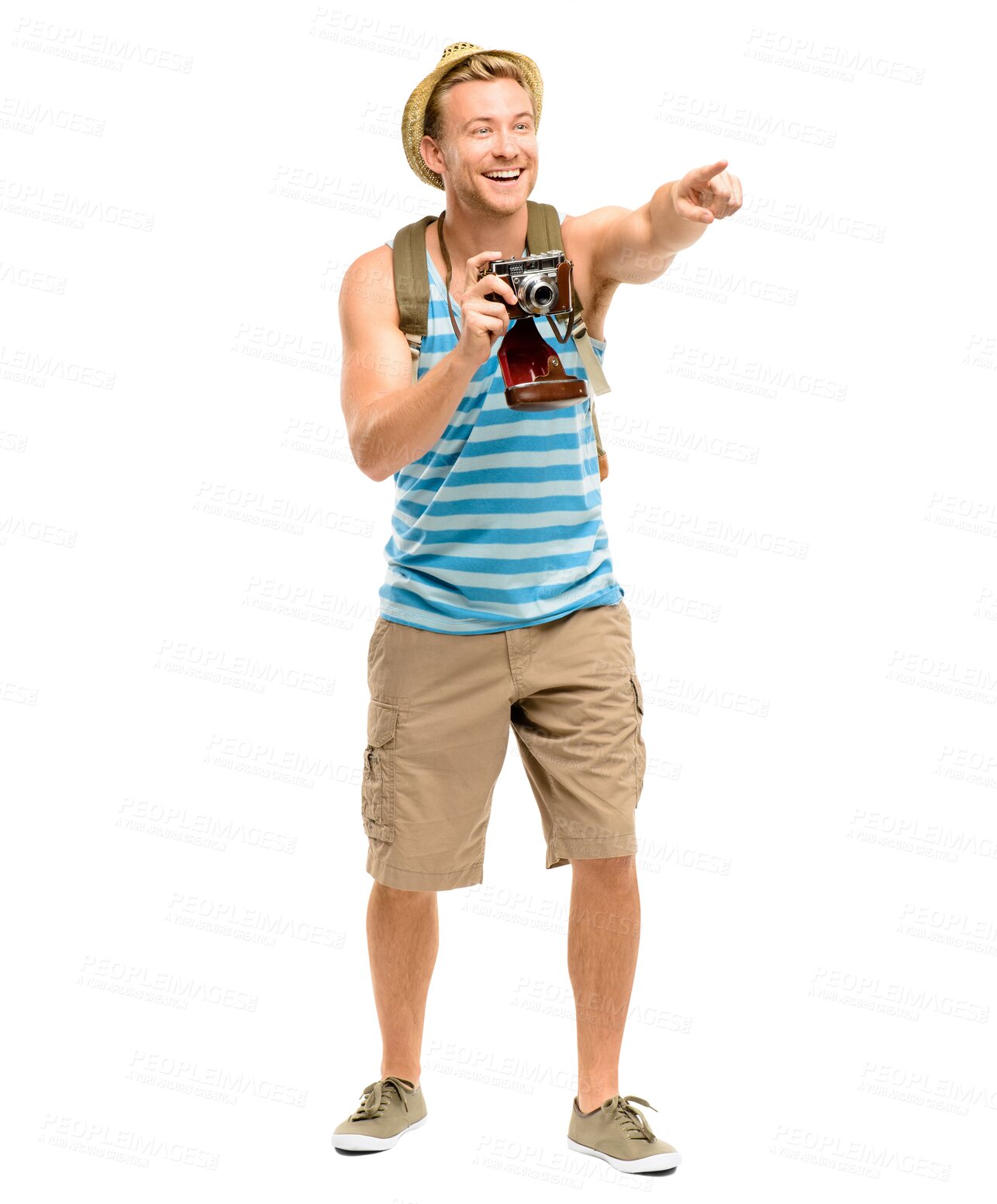 Buy stock photo Tourist, photography and pointing man with camera on travel adventure isolated on a transparent png background. Excited, happy and surprised young person taking pictures on holiday, vacation or trip