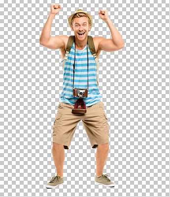 Buy stock photo Happy man, portrait and fist in celebration for travel standing isolated on a transparent PNG background. Male person, guy or young traveler smiling in joy for achievement, success or winning trip