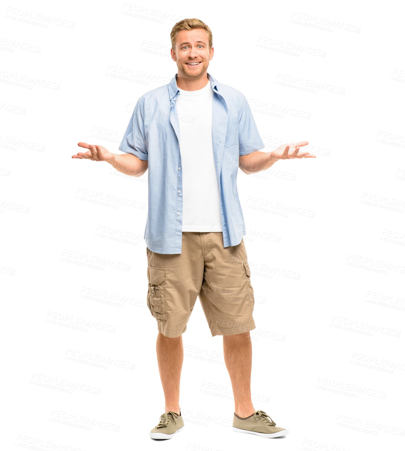 Buy stock photo Man in confused, doubt and smile in portrait, emoji and question isolated on png transparent background. Unsure facial expression, hand gesture and male person with dont know face and asking why
