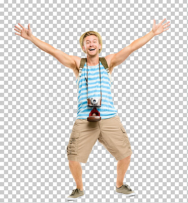 Buy stock photo Man, excited with arms up and winning, travel and celebration in portrait isolated on png transparent background. Male person happy for summer vacation, adventure and freedom with yes for achievement