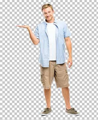 Buy stock photo Product placement, smile and portrait of man showing logo isolated in a transparent or png background. Advertising, announcement and young person show recommendation information and promotion