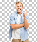 PNG of a handsome young man standing alone in the studio and pointing upwards