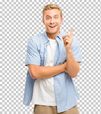 Buy stock photo Happy man, surprise and idea for solution in problem solving isolated on a transparent PNG background. Portrait of male person with smile, finger or shocked facial expression for question or answer