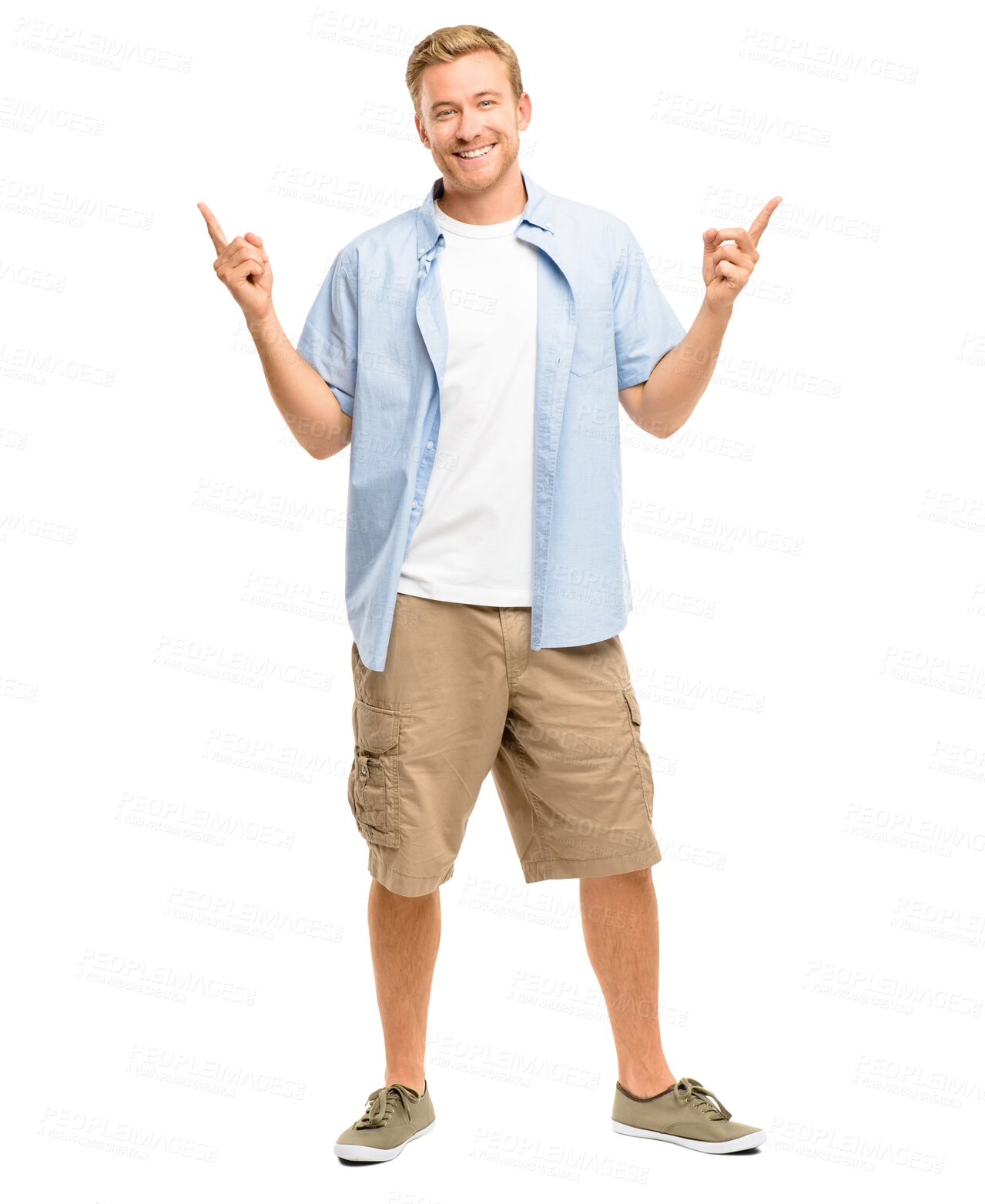 Buy stock photo Man with smile, pointing up at advertising and promotion for retail isolated on transparent png background. Discount information, male person in portrait and summer fashion, marketing and sale news
