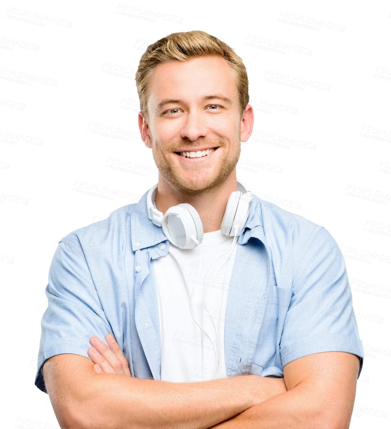 Buy stock photo Happy man, portrait smile and arms crossed standing isolated on a transparent PNG background. Confident male person smiling with headphones and casual fashion or clothing in confidence and happiness