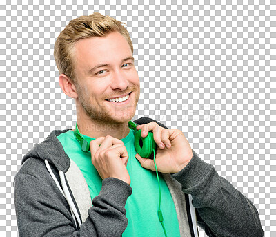 Buy stock photo Happy man, portrait smile and headphones for music standing isolated on a transparent PNG background. Male person, student or DJ smiling with headset and casual fashion enjoying audio sound track