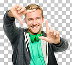 PNG of a handsome young man standing alone in the studio and using his hands to frame his face