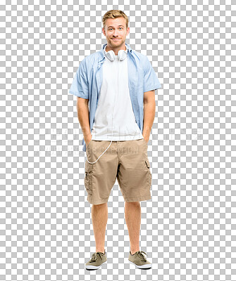 Buy stock photo Cool, happy and portrait of man with headphones on isolated, PNG and transparent background. Fashion, smile and full body of confident male person in trendy clothes listening to audio, track and song