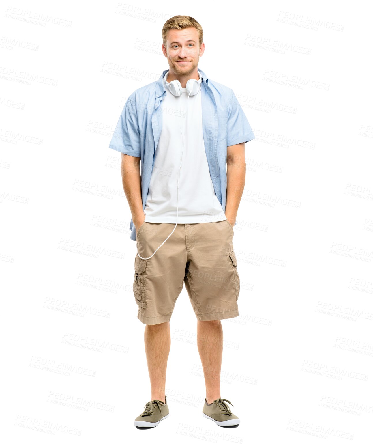 Buy stock photo Cool, happy and portrait of man with headphones on isolated, PNG and transparent background. Fashion, smile and full body of confident male person in trendy clothes listening to audio, track and song