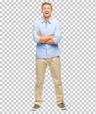 Buy stock photo Happy, laughing and portrait of man with crossed arms on png, isolated and transparent background. Fashion, confidence and male person stand with smile for positive attitude, happiness and confident