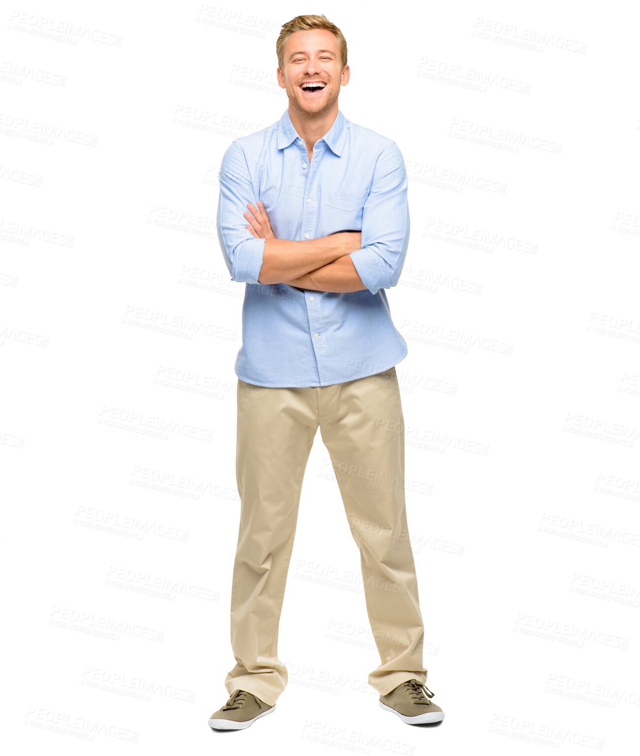 Buy stock photo Happy, laughing and portrait of man with crossed arms on png, isolated and transparent background. Fashion, confidence and male person stand with smile for positive attitude, happiness and confident
