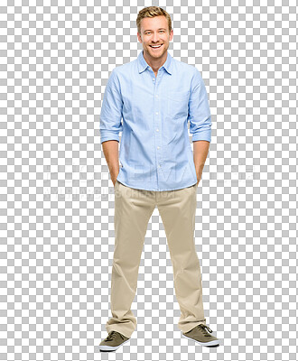 Buy stock photo Happy, confident and portrait of man with smile on png, isolated and transparent background. Fashion, confidence and male person standing with positive mindset, happiness and trendy clothes and style