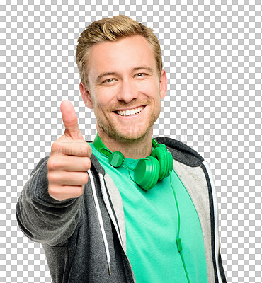 Buy stock photo Happy man, portrait and smile with headphones and thumbs up isolated on transparent PNG background. Male person smiling with thumb emoji, yes sign or like for success, DJ music or winning and headset