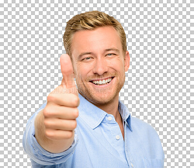 Buy stock photo Happy man, portrait smile and hand in thumbs up for success isolated on a transparent PNG background. Face of male person or model smiling in happiness with thumb emoji yes sign or like for approval