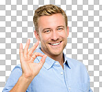 PNG of a handsome young man standing alone in the studio and making an okay hand sign