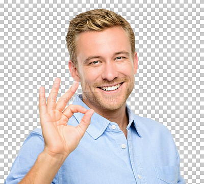 Buy stock photo Happy man, portrait smile and hands for OK sign, perfect or like isolated on a transparent PNG background. Male person with correct hand emoji, target or good service and deal in okay symbol gesture