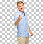 PNG of a handsome young man standing alone in the studio and pointing