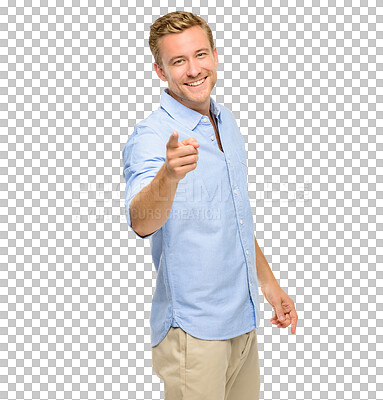 Buy stock photo Smile, pointing and you, portrait of man isolated on transparent png background and motivation for recruitment business. Happiness, promotion and businessman, offer or announcement for hiring choice.
